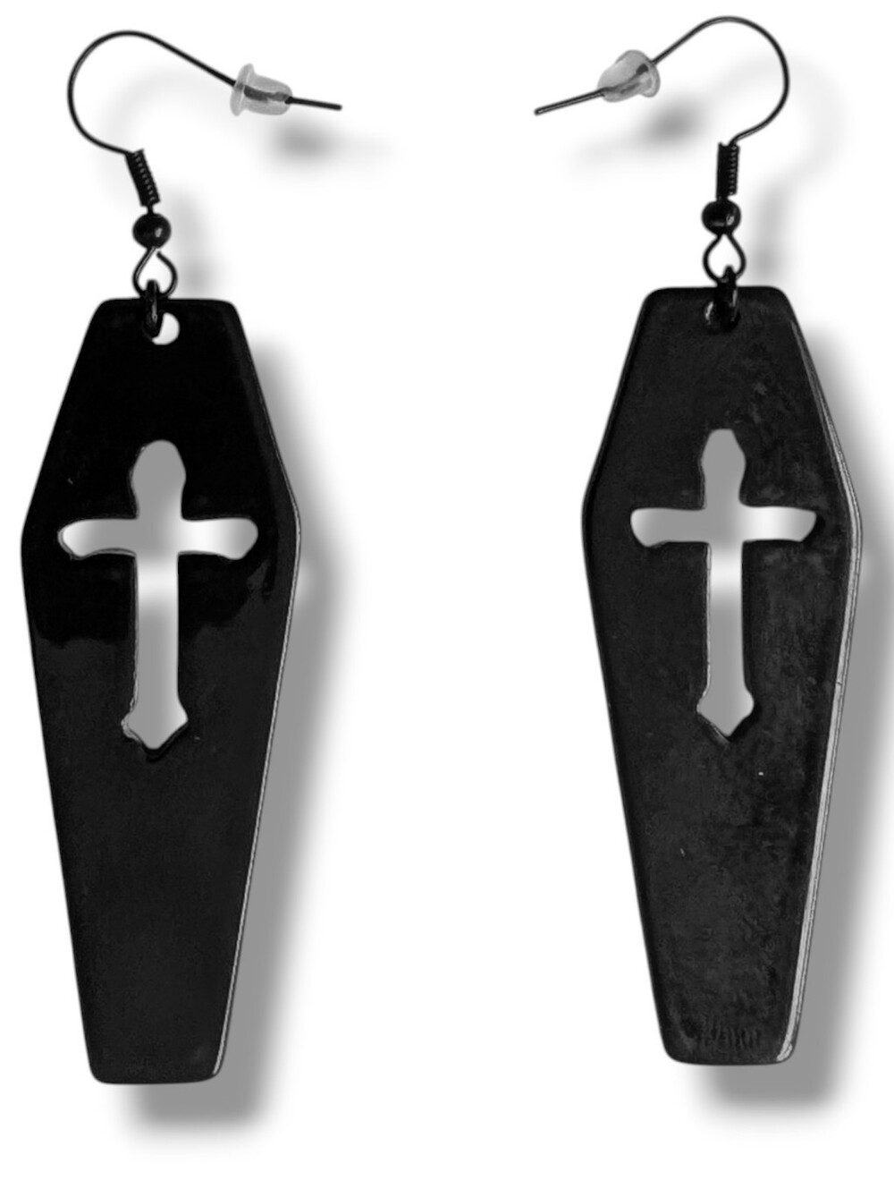 NWT Large Handmade Black Coffin with Cross Cutout Earrings